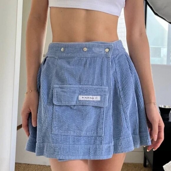 My Mum Made It Baby Blue Quilted Pocket Pleated Corduroy Skirt Womens M/L - Picture 1 of 5